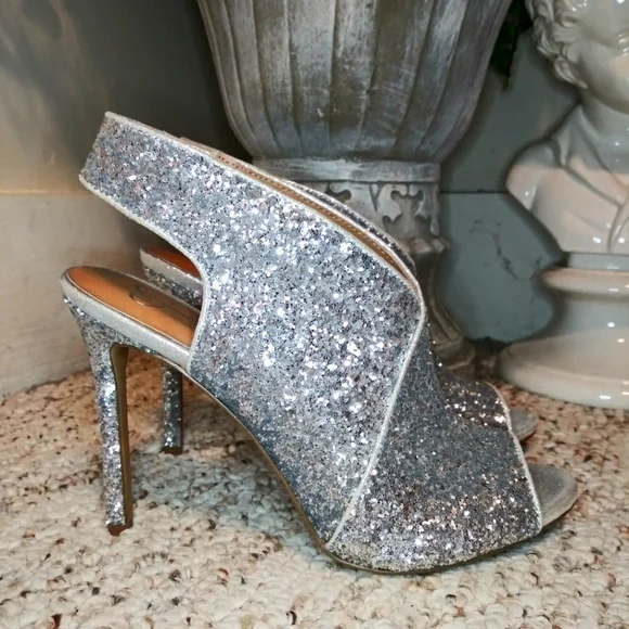Jessica Simpson Jourie Sparkly Silver Glitter, Peep Toed Stiletto Heeled Shootie - Picture 2 of 12